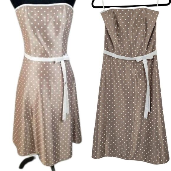 Vtg 80's Retro 60's Satin Strapless Bow Accent Waist Polka Dot Aline Dress Sz 6 - Picture 1 of 14